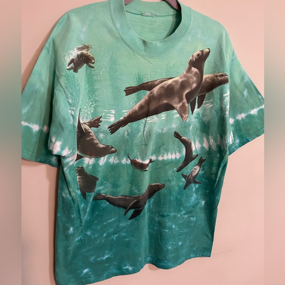 Vintage 90’s Liquid Blue Tie Dye Seals Marine Print T-Shirt Men’s Size L / XL - Picture 2 of 9